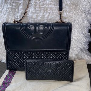 Tory Burch black leather Fleming purse and wallet set